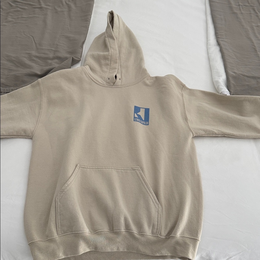 Beige Hoodie with Blue Logo